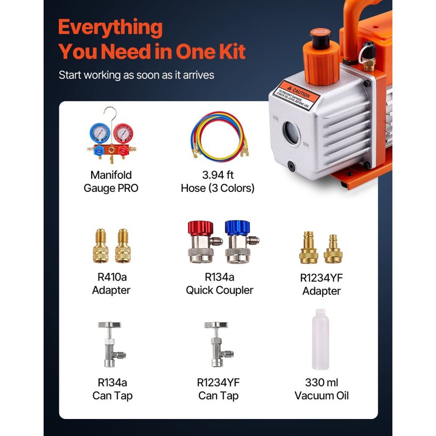 VEVOR 115 L/min AC Vacuum Pump and Gauge Set, Single Stage, Rotary Vane HVAC Air Vacuum Pump, A/C Refrigerant Manifold Gauge Kit, with Leak Detector, Carry Bag, for R134a R22 R410a R1234YF Refrigerant