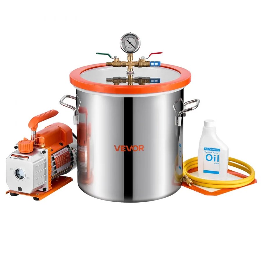 VEVOR 18.93 L Vacuum Chamber with Pump 99 L/min Single Stage Vacuum Pump, for Stabilizing Wood Degassing Silicone Resin, Stainless Steel Degassing Chamber Kit, with Tempered Glass Lid, 1.5 m Hose