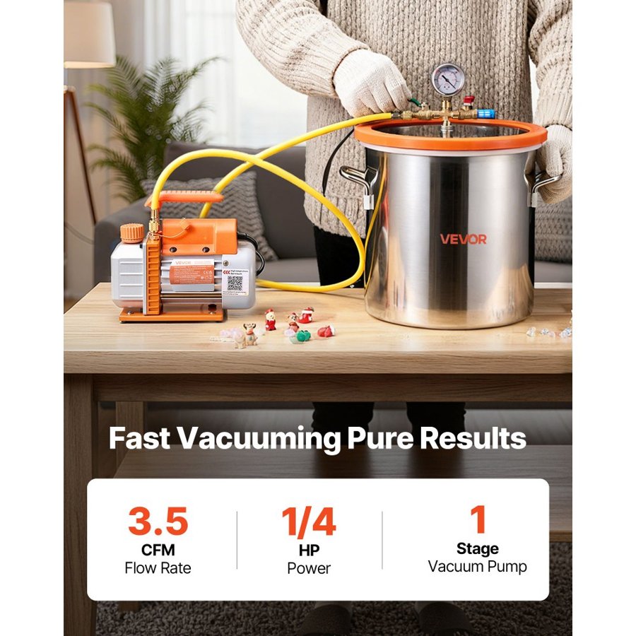 VEVOR 18.93 L Vacuum Chamber with Pump 99 L/min Single Stage Vacuum Pump, for Stabilizing Wood Degassing Silicone Resin, Stainless Steel Degassing Chamber Kit, with Tempered Glass Lid, 1.5 m Hose