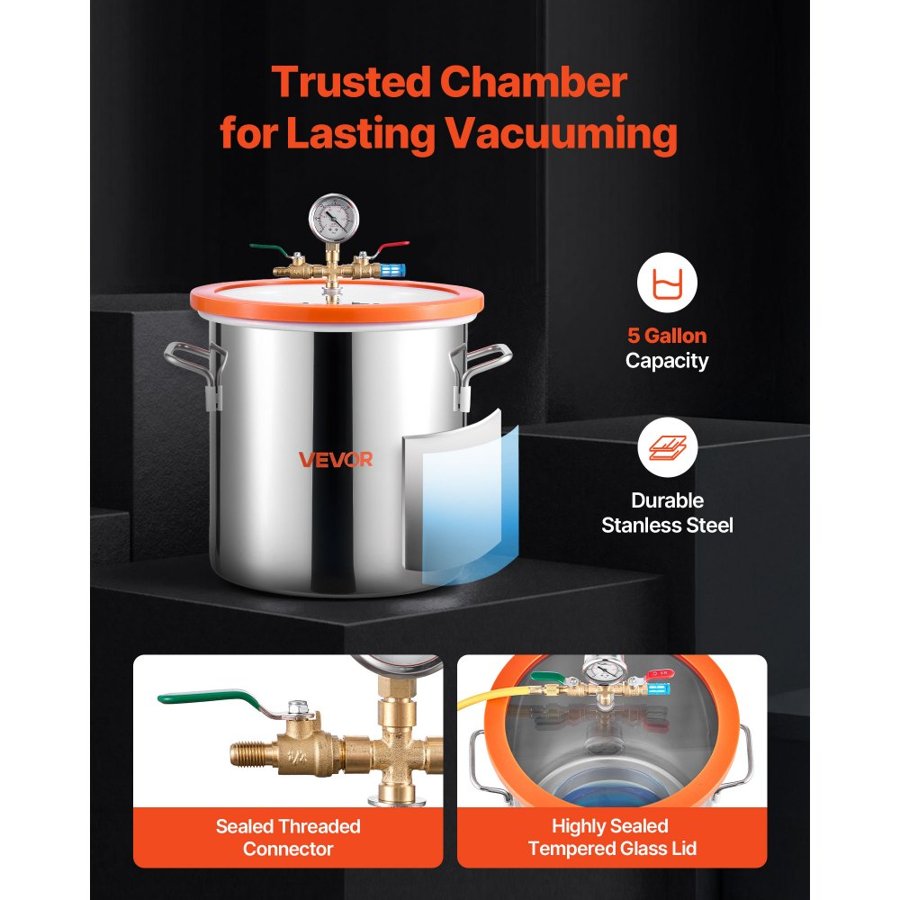 VEVOR 18.93 L Vacuum Chamber with Pump 99 L/min Single Stage Vacuum Pump, for Stabilizing Wood Degassing Silicone Resin, Stainless Steel Degassing Chamber Kit, with Tempered Glass Lid, 1.5 m Hose