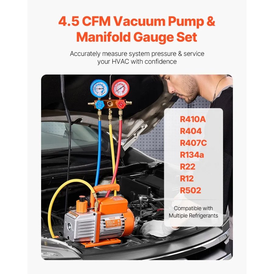 VEVOR AC Gauges and Vacuum Pump Kit – 4.5 CFM, 5 Pa