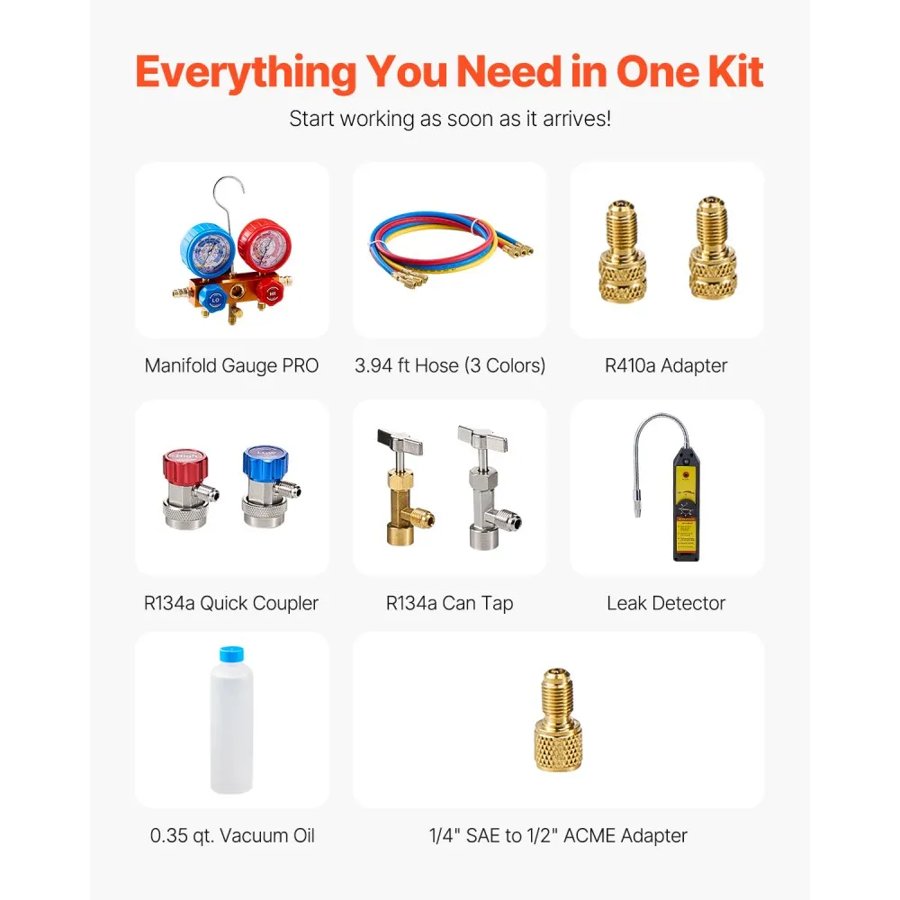 VEVOR AC Gauges and Vacuum Pump Kit – 4.5 CFM, 5 Pa