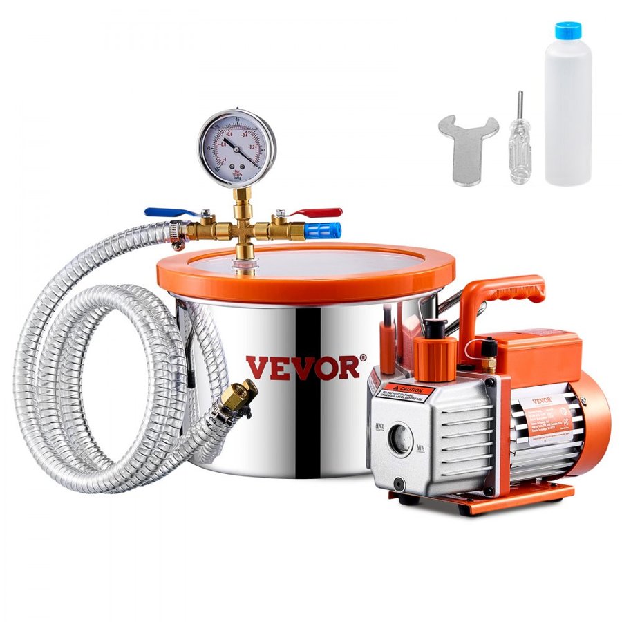 VEVOR 5.7 L(1.5 Gallon) Vacuum Chamber and 100 L/min(3.5 CFM) Pump Kit, Stainless Steel Chamber, Single Stage Vacuum Pump Degassing Chamber Kit, with Acrylic Lid, Oil, 1.5m(4.92 ft) Hose, for Degassing Resin Silicone Epoxies