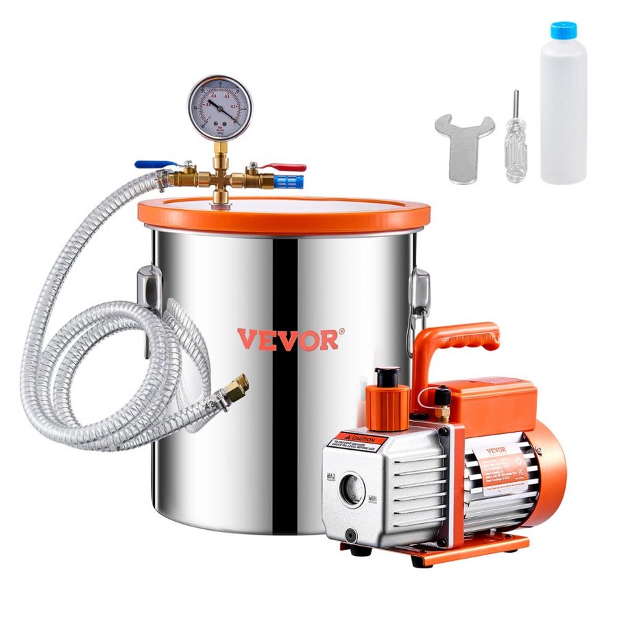 VEVOR 19 L(5 Gallon) Vacuum Chamber and 100 L/min(3.5 CFM) Pump Kit, Stainless Steel Chamber, Single Stage Vacuum Pump Degassing Chamber Kit, with Acrylic Lid, Oil, 1.5m(4.92 ft) Hose, for Degassing Resin Silicone Epoxies