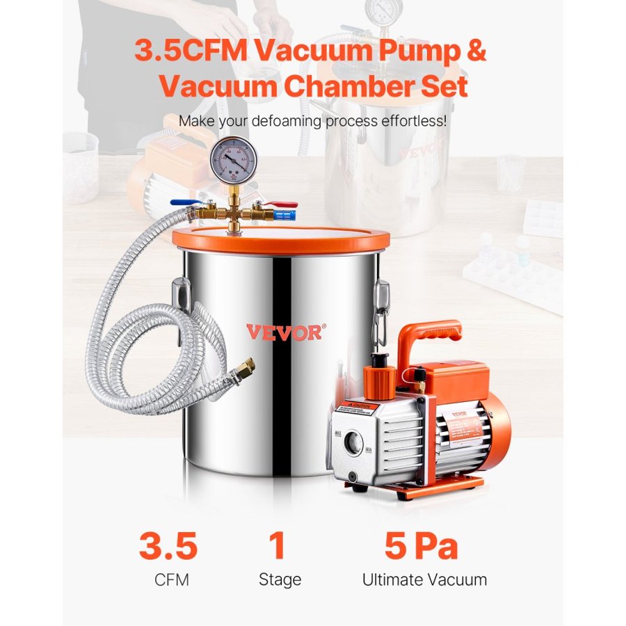VEVOR 19 L(5 Gallon) Vacuum Chamber and 100 L/min(3.5 CFM) Pump Kit, Stainless Steel Chamber, Single Stage Vacuum Pump Degassing Chamber Kit, with Acrylic Lid, Oil, 1.5m(4.92 ft) Hose, for Degassing Resin Silicone Epoxies
