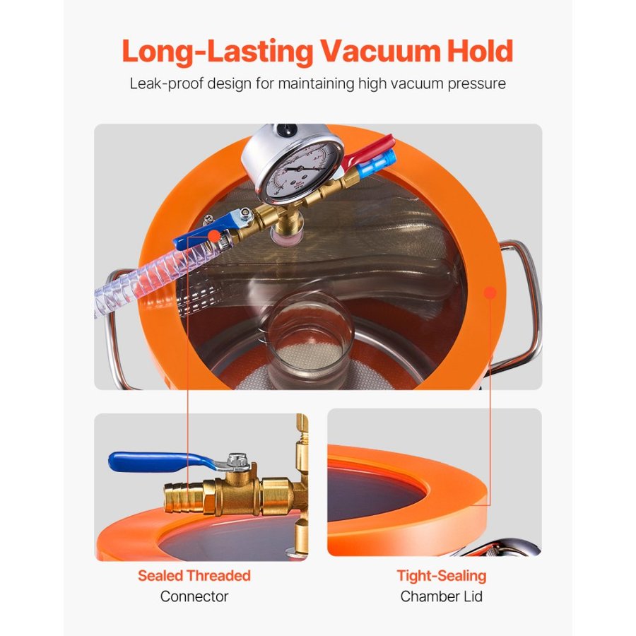 VEVOR 19 L(5 Gallon) Vacuum Chamber and 100 L/min(3.5 CFM) Pump Kit, Stainless Steel Chamber, Single Stage Vacuum Pump Degassing Chamber Kit, with Acrylic Lid, Oil, 1.5m(4.92 ft) Hose, for Degassing Resin Silicone Epoxies