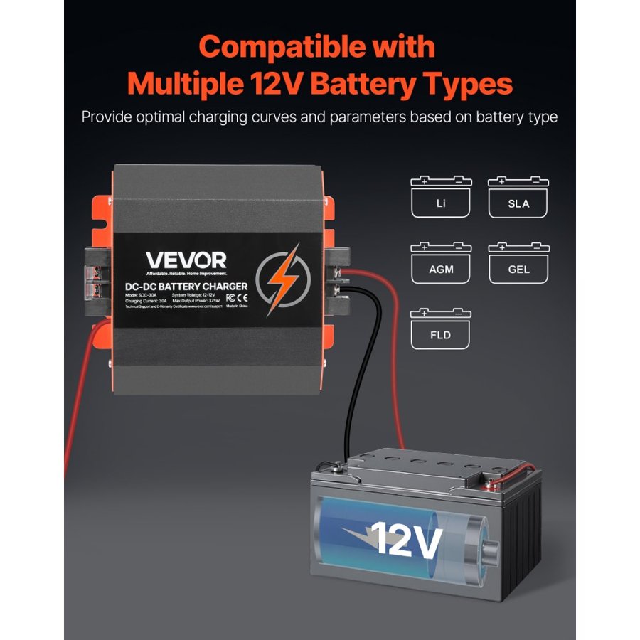 VEVOR DC Battery Charger 12V – 30A DC to DC, 375W, LifePo4