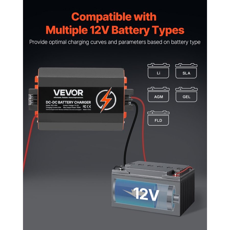 VEVOR 12V 60A DC To DC Battery Charger - 750W Onboard