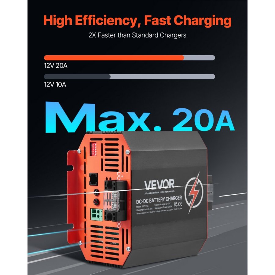 VEVOR 20A DC to DC Charger – 12V charging, 250W, AGM
