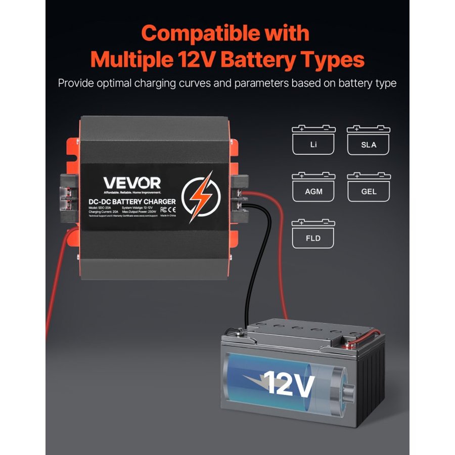 VEVOR 20A DC to DC Charger – 12V charging, 250W, AGM