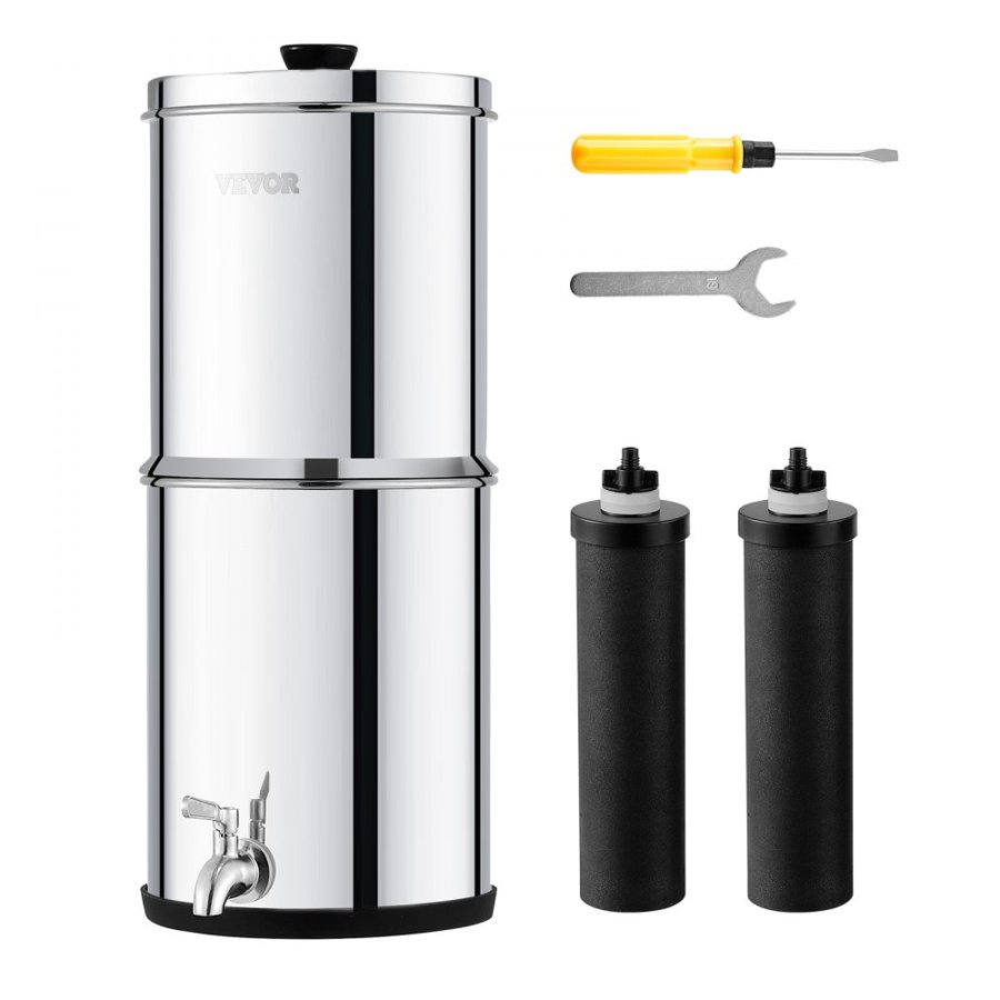 VEVOR Gravity-fed Water Filter System, 2.25G 304 Stainless-Steel Countertop System, Water Filtration System, Reduces Lead and up to 99% of Chlorine, with 2 Carbon Filters & Spigot, for Home Camping RV