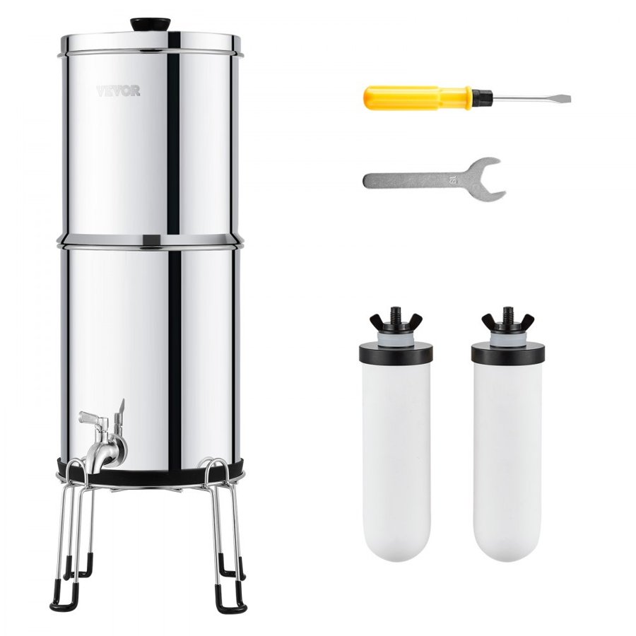 VEVOR Gravity-fed Water Filter System, 2.25G 304 Stainless-Steel Countertop Water Filtration System, Reduces Lead and up to 99% of Chlorine, with 2 Ceramic Carbon Filters, Spigot, and Stand