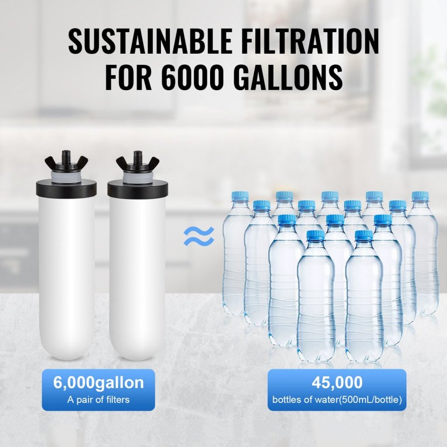 VEVOR Gravity-fed Water Filter System, 2.25G 304 Stainless-Steel Countertop Water Filtration System, Reduces Lead and up to 99% of Chlorine, with 2 Ceramic Carbon Filters, Spigot, and Stand