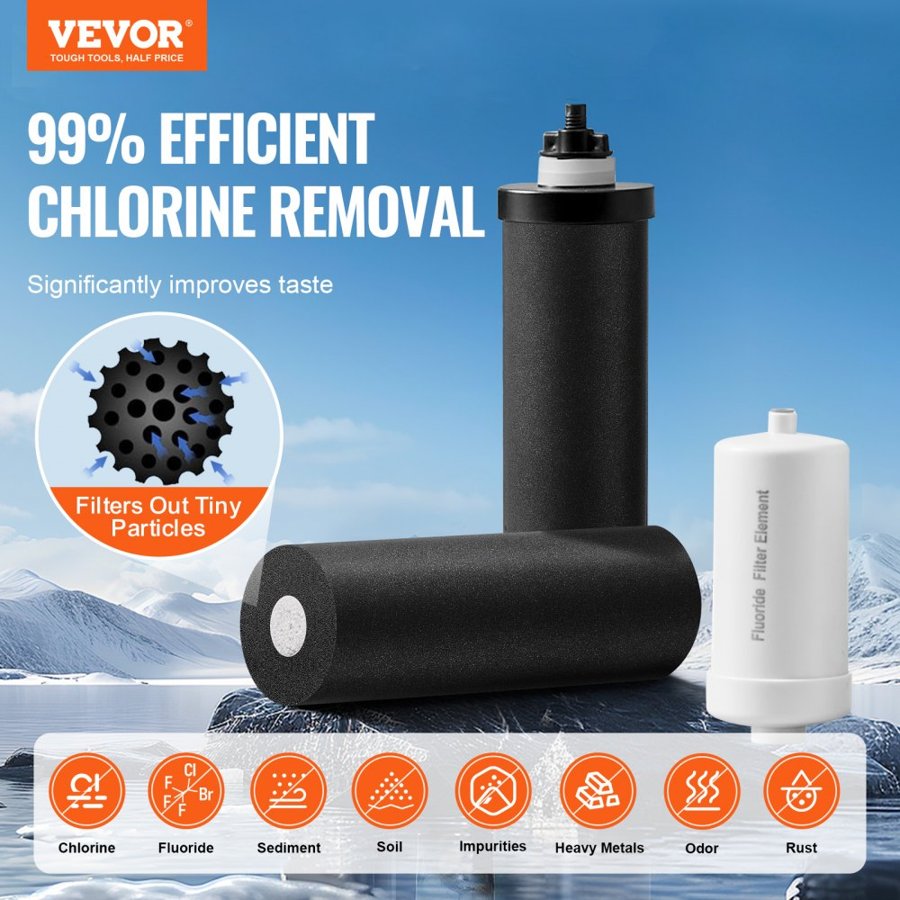 VEVOR Gravity-fed Water Filter System, 2.25G 304 Stainless-Steel Countertop Filtration System, Reduces Lead and up to 99% of Chlorine, with 2 Activated Carbon Filter, 2 Defluorination Filter, Spigot