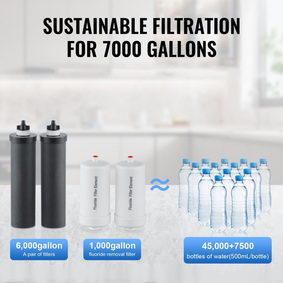 VEVOR Gravity-fed Water Filter System, 2.25G 304 Stainless-Steel Countertop Filtration System, Reduces Lead and up to 99% of Chlorine, with 2 Activated Carbon Filter, 2 Defluorination Filter, Spigot