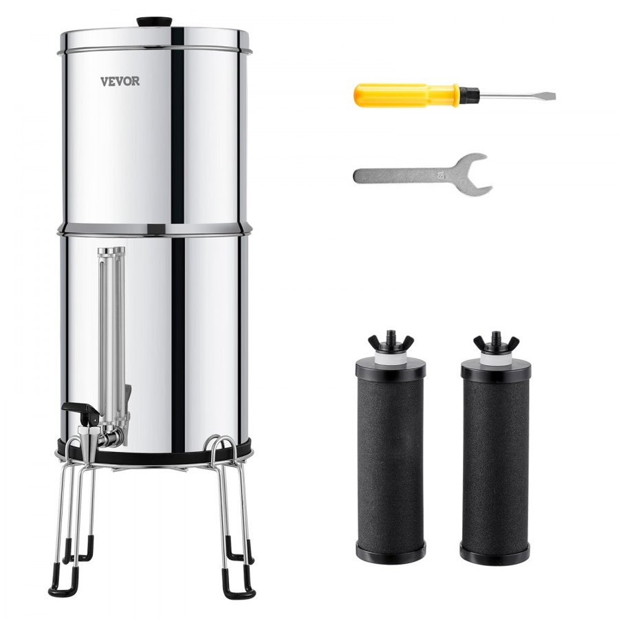 VEVOR Gravity-fed Water Filter System, 2.25G 304 Stainless-Steel Countertop System, Water Filtration System, Reduces Lead and up to 99% of Chlorine, with 2 Carbon Filters, Water Level  Spigot, Stand