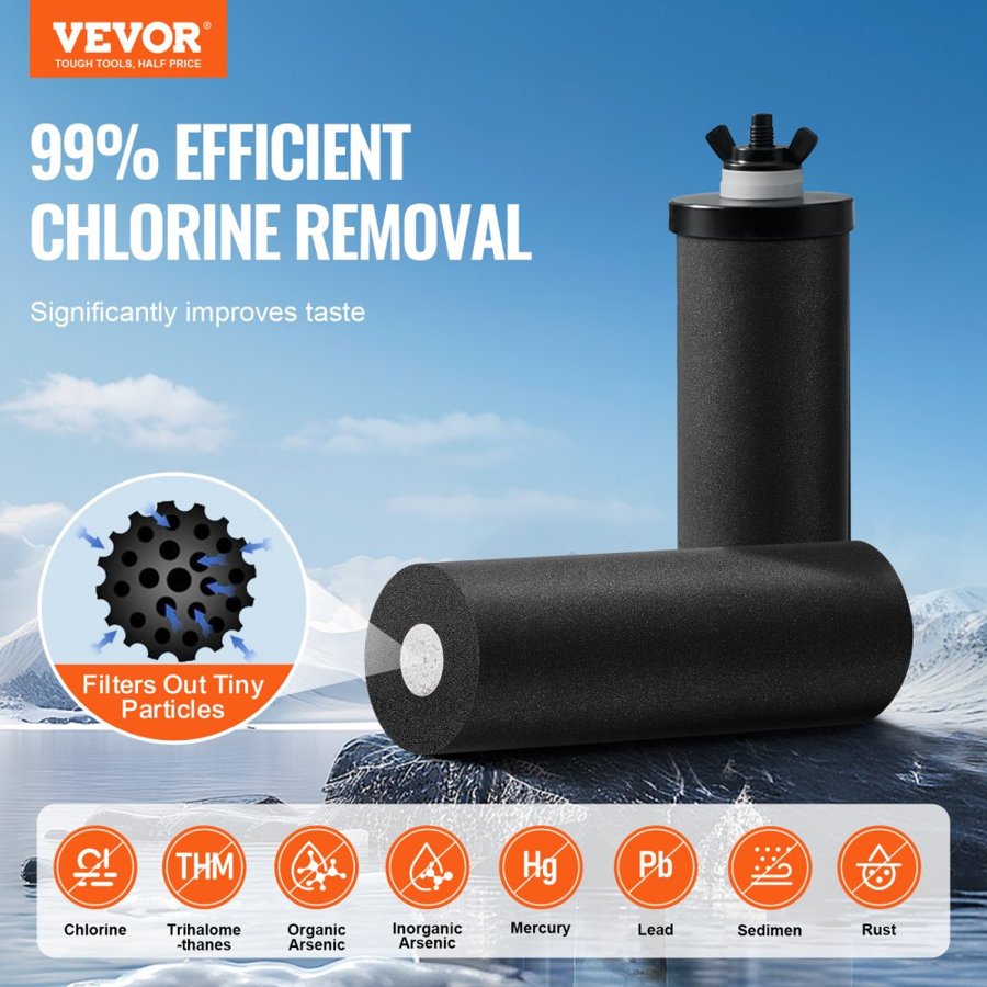 VEVOR Gravity-fed Water Filter System, 2.25G 304 Stainless-Steel Countertop System, Water Filtration System, Reduces Lead and up to 99% of Chlorine, with 2 Carbon Filters, Water Level  Spigot, Stand