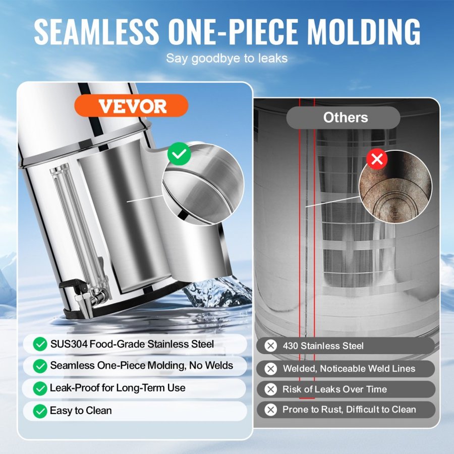 VEVOR Gravity-fed Water Filter System, 2.25G 304 Stainless-Steel Countertop System, Water Filtration System, Reduces Lead and up to 99% of Chlorine, with 2 Carbon Filters, Water Level  Spigot, Stand