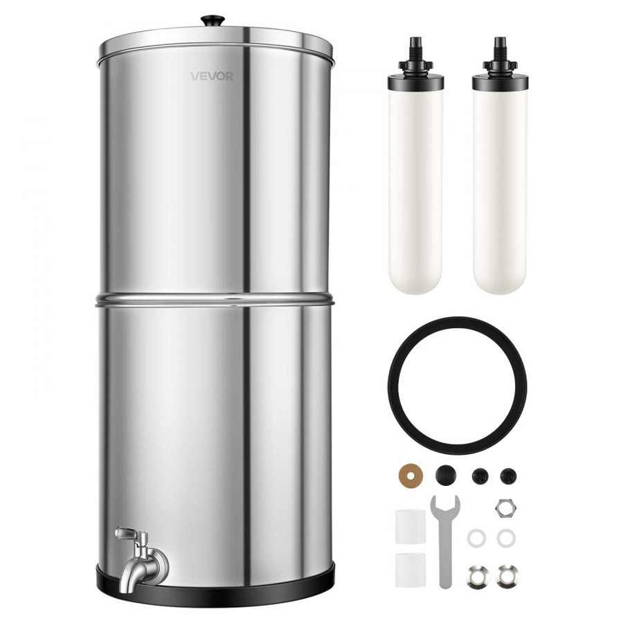 VEVOR Gravity-fed Water Filter System, 11.36L 304 Stainless-Steel Countertop Water Filtration System, Reduces Lead and up to 99% of Chlorine, with 2 Ceramic Carbon Filters, and Spigot, Home Camping RV