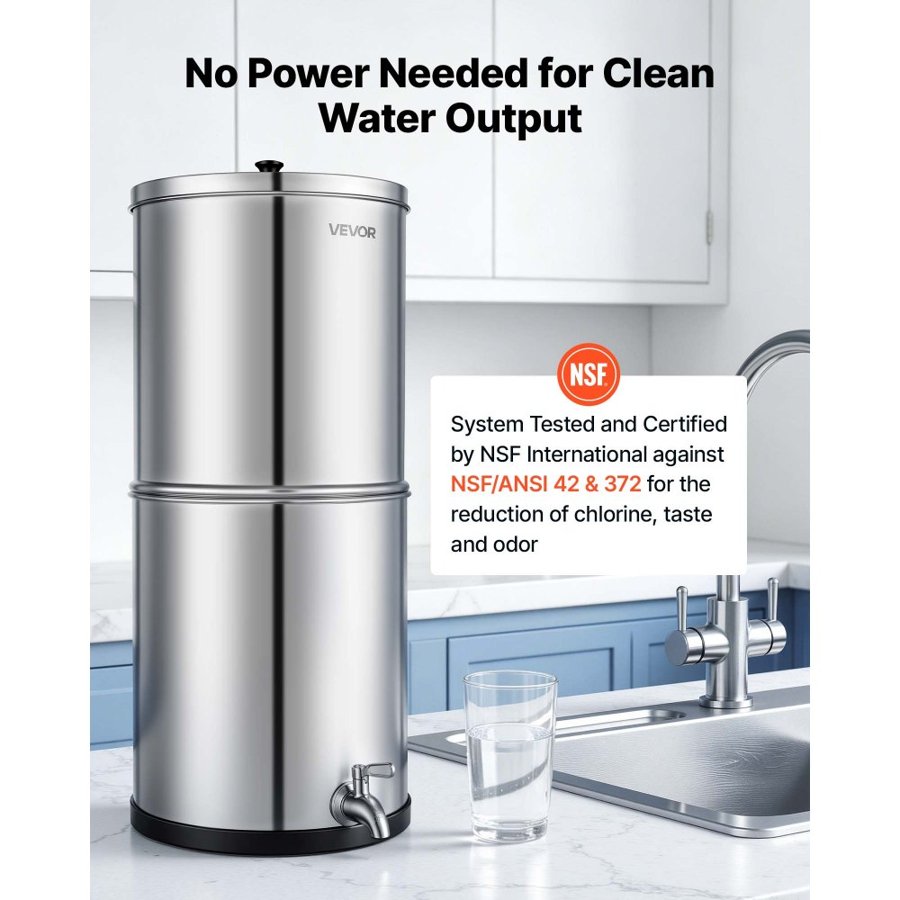 VEVOR Gravity-fed Water Filter System, 11.36L 304 Stainless-Steel Countertop Water Filtration System, Reduces Lead and up to 99% of Chlorine, with 2 Ceramic Carbon Filters, and Spigot, Home Camping RV