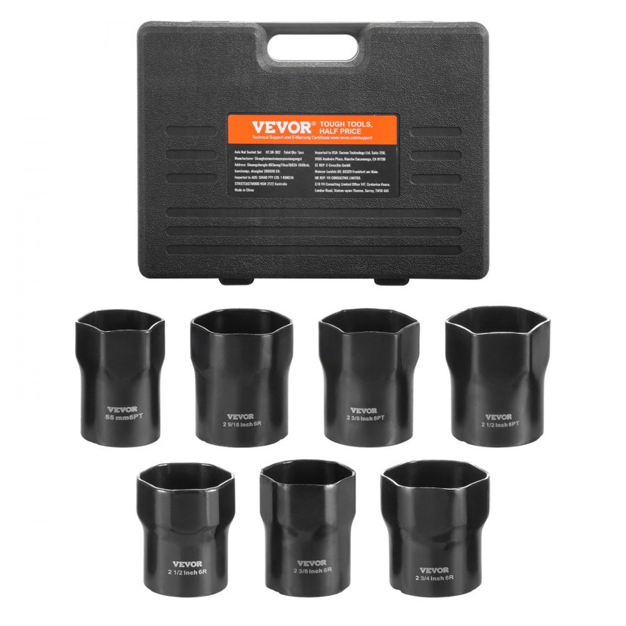 VEVOR Wheel Bearing Locknut Socket Set, 1/2 inch Drive 7 Piece SAE and Metric 6-Point Socket for Ford, Dodge, and Toyota Vehicles, with Storage Case, Remove and Install Wheel Bearing Lock Nuts