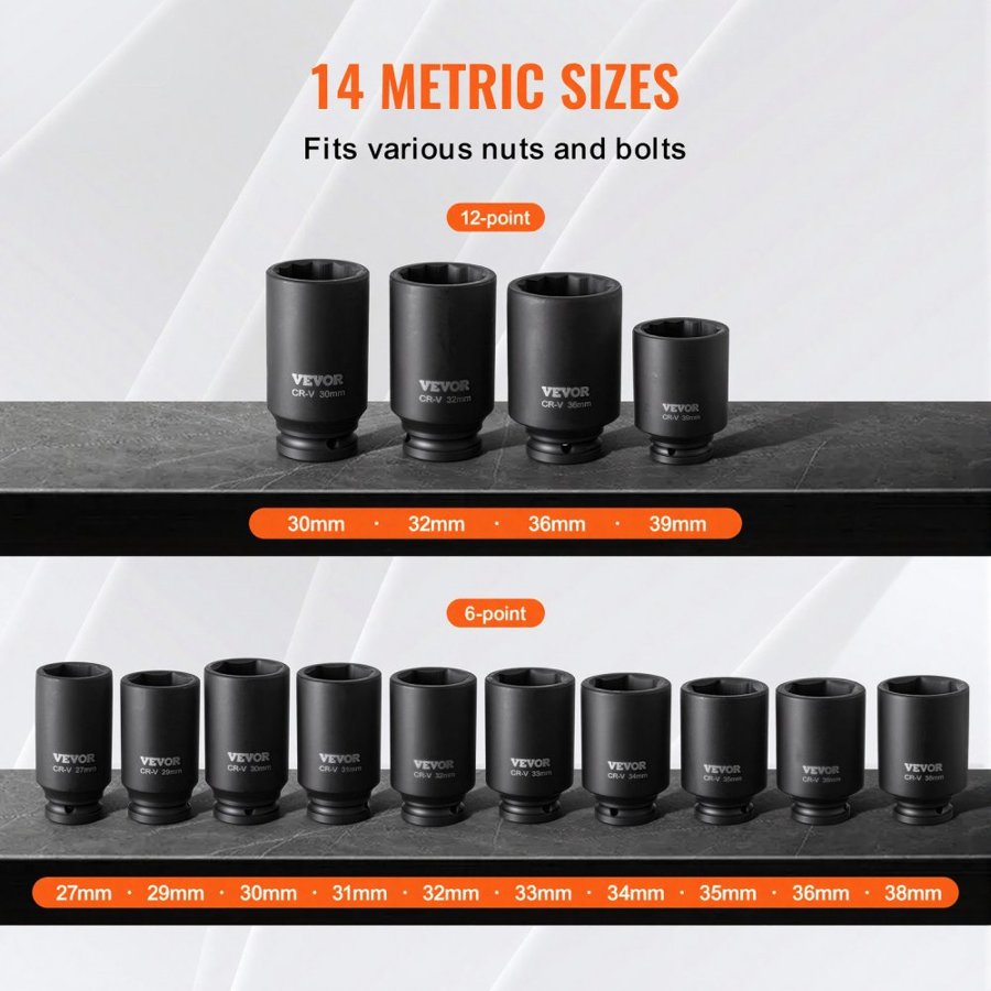 VEVOR Axle Nut Socket Set – 1/2" Drive, 14-Piece Metric