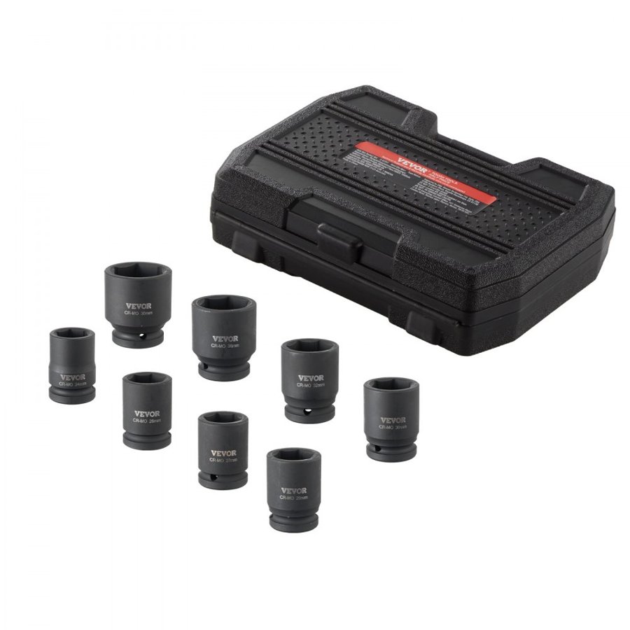 VEVOR Axle Nut Impact Socket Set, 3/4" Drive 6-Point 8-Piece Metric Spindle Nut Socket Set, CR-MO Heat Treated Large Socket Set with Storage Case, for Auto Repair, Removing or Installing Axle Nuts