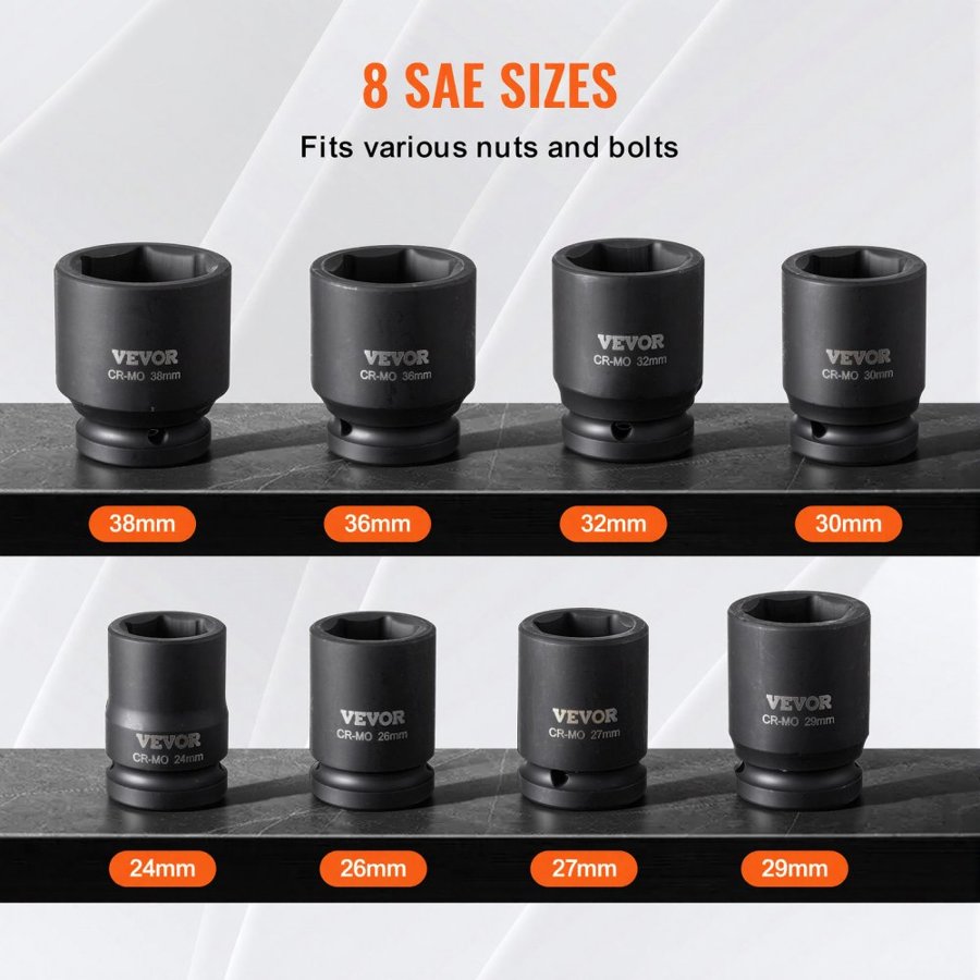 VEVOR Axle Nut Impact Socket Set, 3/4" Drive 6-Point 8-Piece Metric Spindle Nut Socket Set, CR-MO Heat Treated Large Socket Set with Storage Case, for Auto Repair, Removing or Installing Axle Nuts