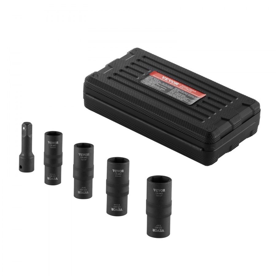 VEVOR Lug Nut Impact Socket Set, 1/2 inch Drive Metric and SAE 6-Point Flip Socket Set, 4 Total Lug Nut Sizes, CR-MO Steel Wheel Socket Set with Storage Case and Extension Bar, for Auto Repair