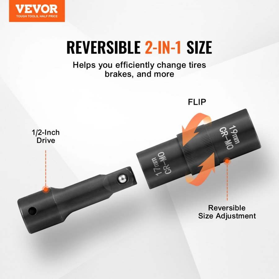 VEVOR Lug Nut Impact Socket Set, 1/2 inch Drive Metric and SAE 6-Point Flip Socket Set, 4 Total Lug Nut Sizes, CR-MO Steel Wheel Socket Set with Storage Case and Extension Bar, for Auto Repair