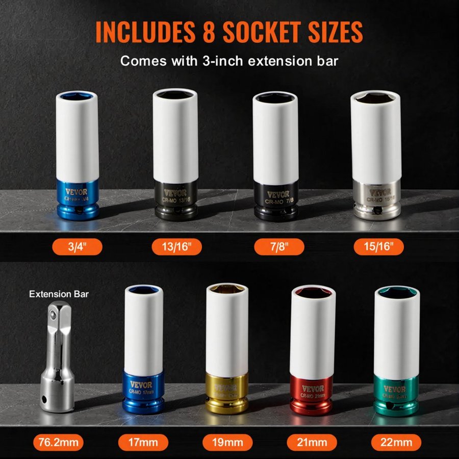 VEVOR Lug Nut Impact Socket Set – 1/2" Drive, 8-Piece Kit