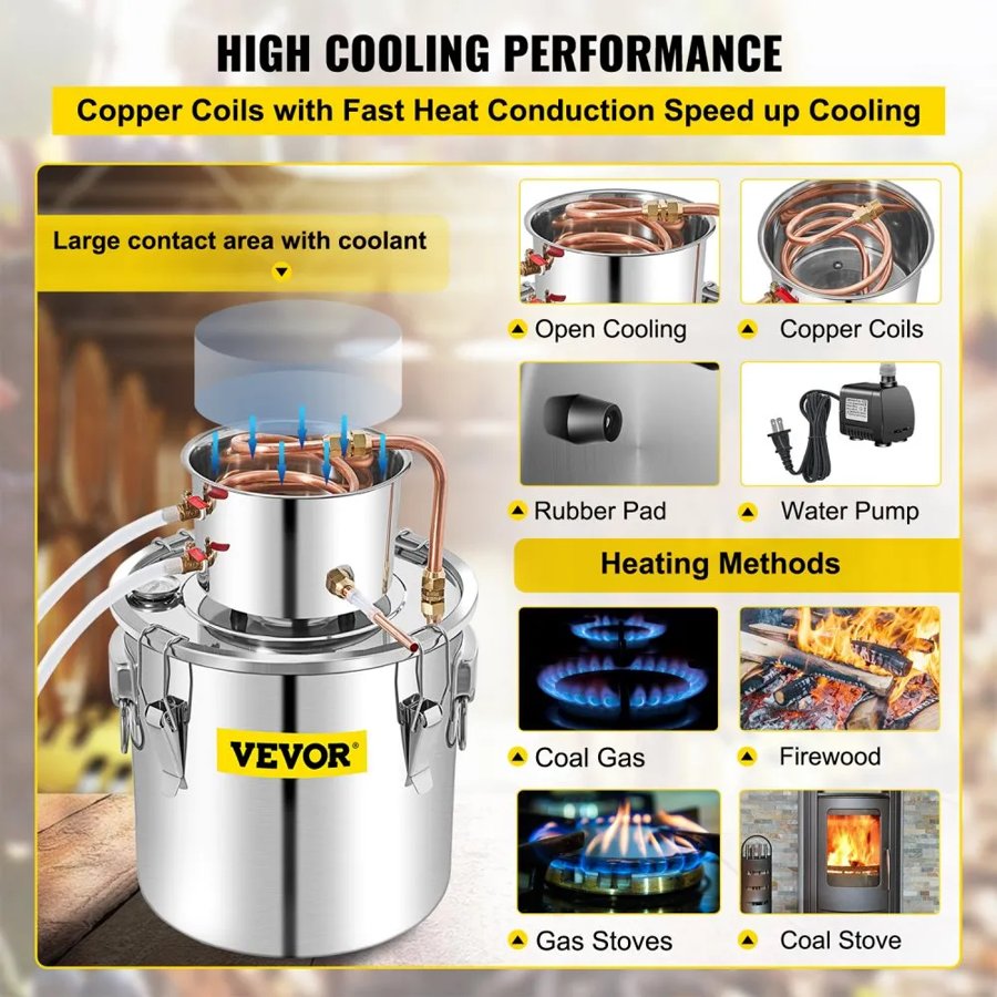 VEVOR Alcohol Still, 50L Stainless Steel Water Alcohol Distiller with Condenser, 13.2Gal Wine Making Boiler with Copper Tube, Home Brewing Kit with Built-in Thermometer for DIY Whisky Wine Brandy, Sil