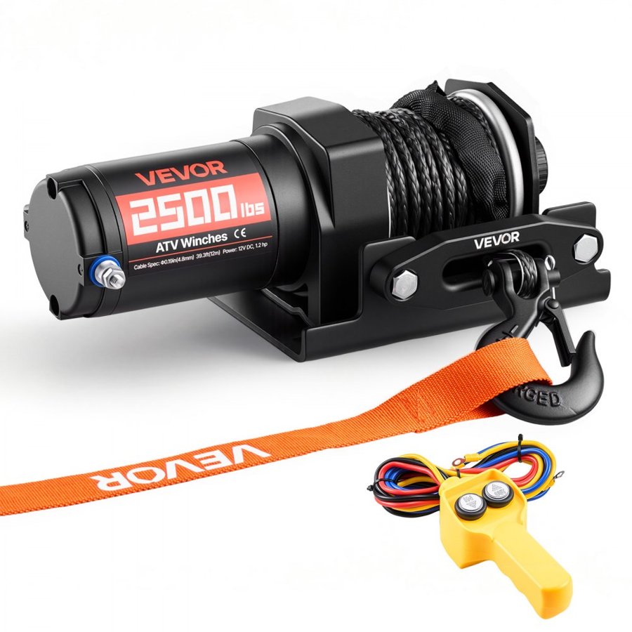 VEVOR 1134 kg Electric Winch, 12V DC ATV/UTV Winch with Φ4.8 mm x 12 m Synthetic Rope & Wired Remote Control, IP55 Waterproof, Aluminum Housing Fairlead Mount Plate for Towing ATV, Black