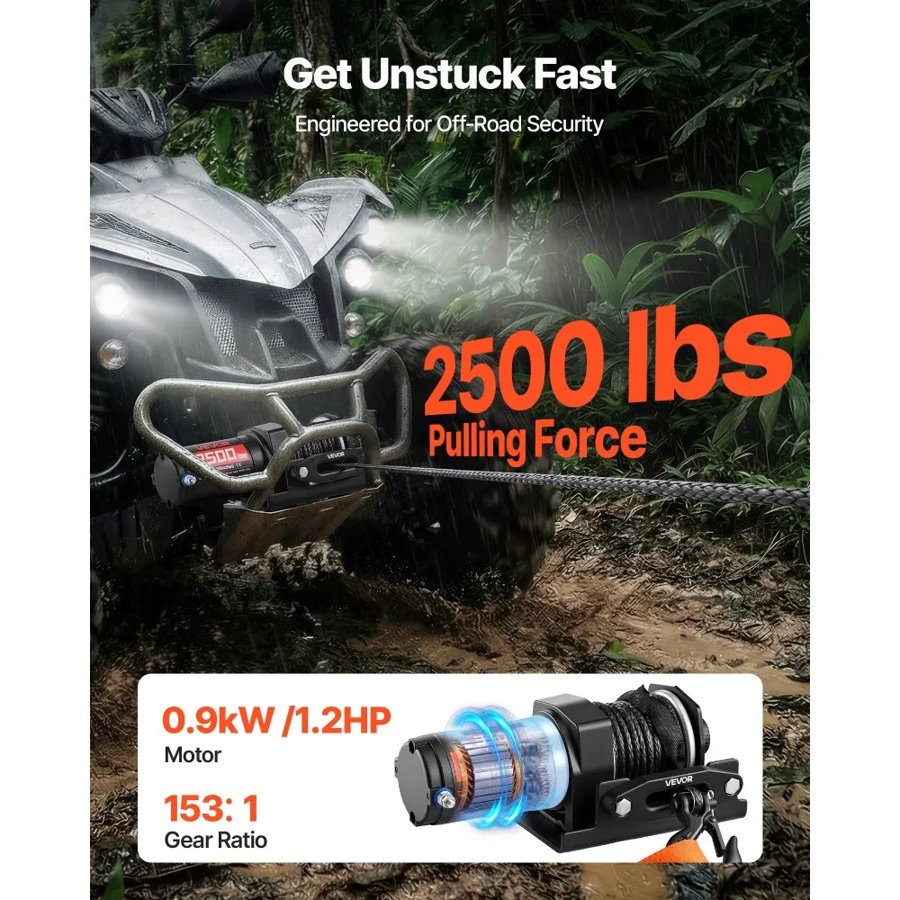 VEVOR 1134 kg Electric Winch, 12V DC ATV/UTV Winch with Φ4.8 mm x 12 m Synthetic Rope & Wired Remote Control, IP55 Waterproof, Aluminum Housing Fairlead Mount Plate for Towing ATV, Black