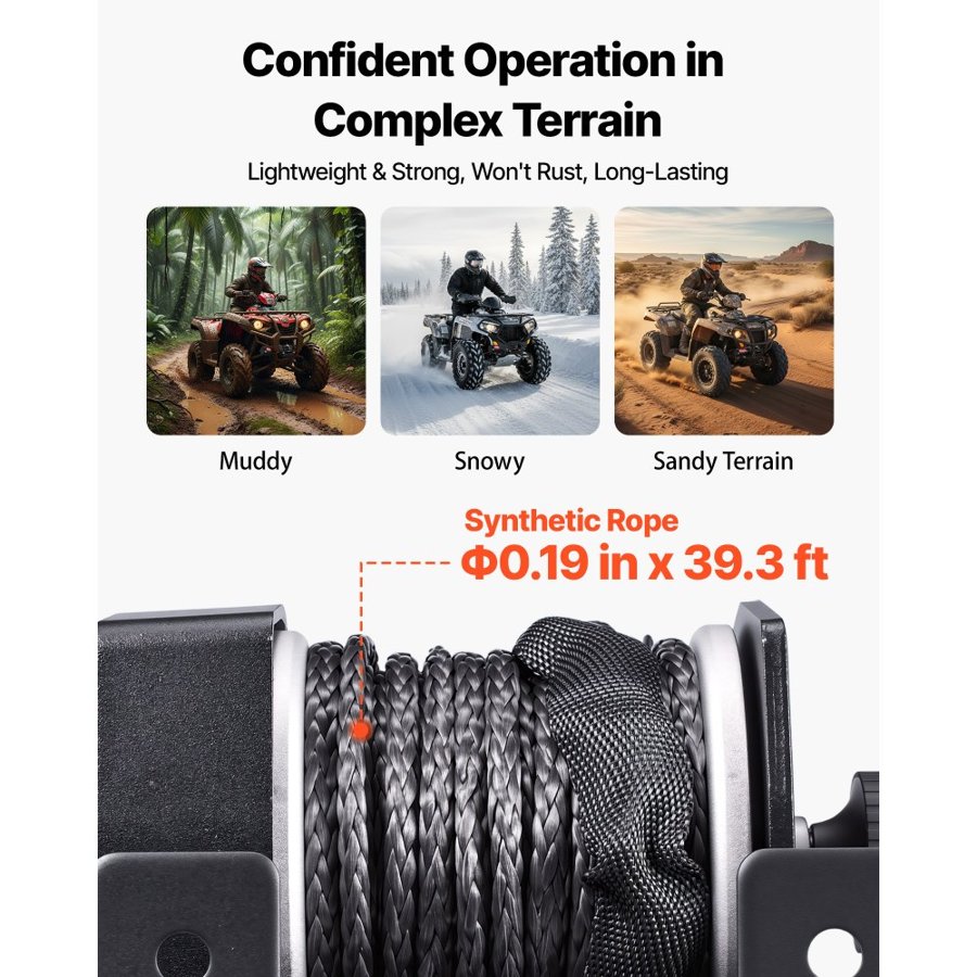 VEVOR 1134 kg Electric Winch, 12V DC ATV/UTV Winch with Φ4.8 mm x 12 m Synthetic Rope & Wired Remote Control, IP55 Waterproof, Aluminum Housing Fairlead Mount Plate for Towing ATV, Black