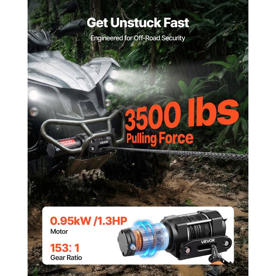 VEVOR 12V DC Electric Winch – 3500 lbs, Synthetic Rope, ATV