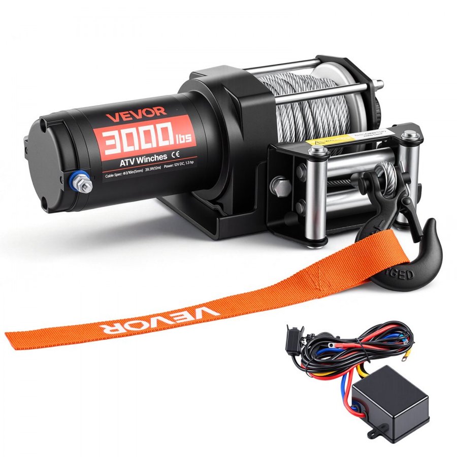 VEVOR Electric ATV Winch – 3000 lbs, 12V, IP55 Wire, 1.3 HP