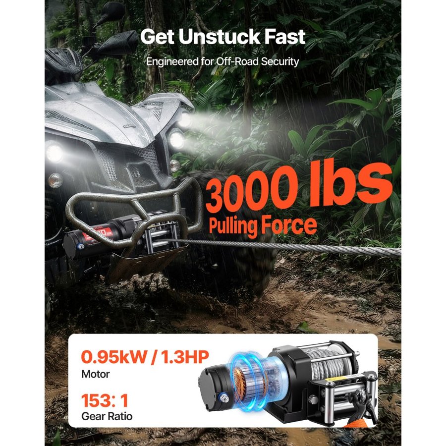 VEVOR Electric ATV Winch – 3000 lbs, 12V, IP55 Wire, 1.3 HP
