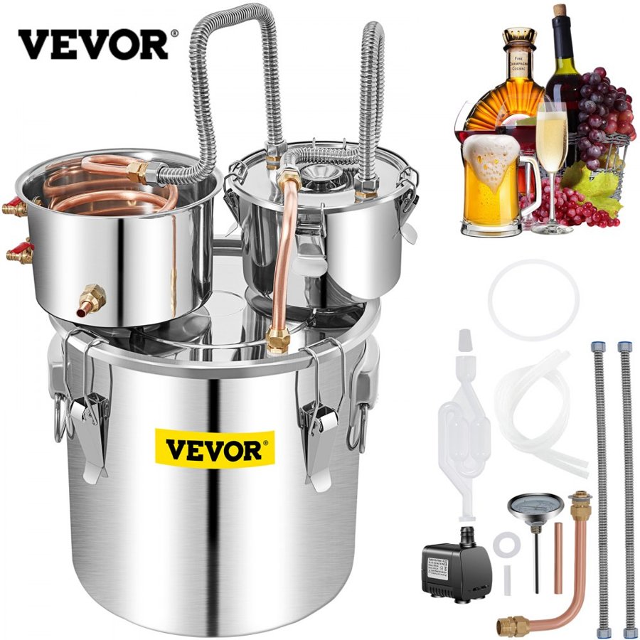 VEVOR Alcohol Still, 50L SUS Water Alcohol Distiller with Condenser & Thumper Keg, 13.2Gal Wine Making Boiler with Copper Tube, Home Brewing Kit with Built-in Thermometer for DIY Whiskey Wine Brandy,