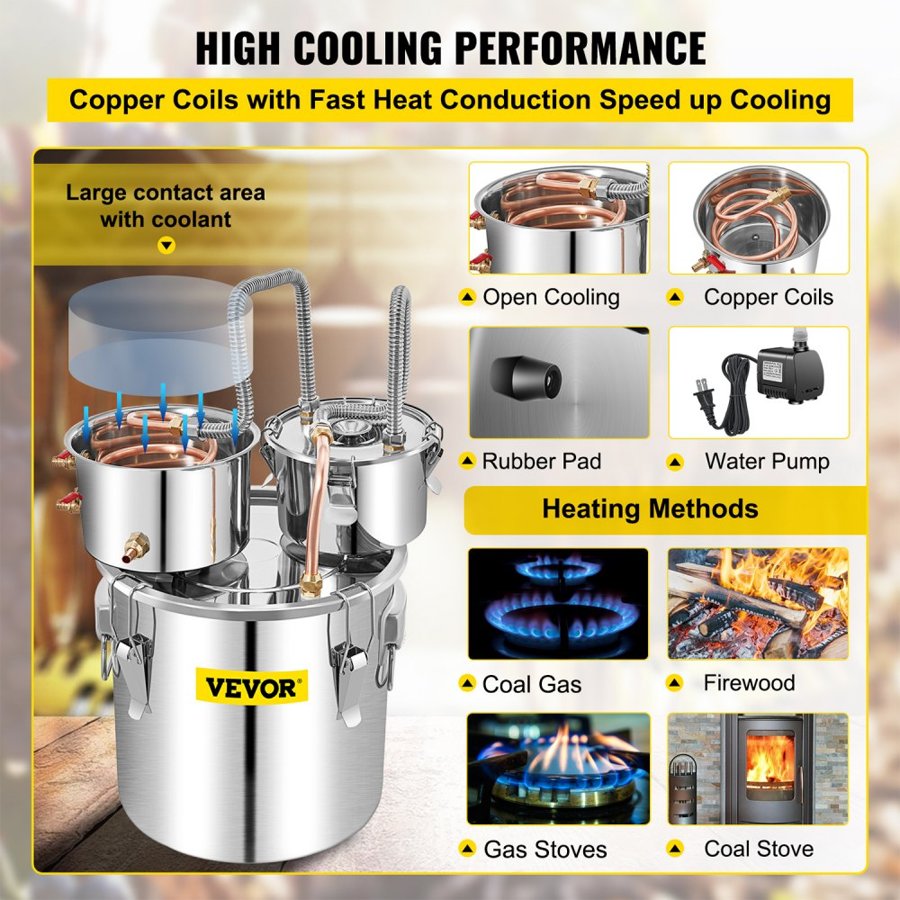 VEVOR Alcohol Still, 50L SUS Water Alcohol Distiller with Condenser & Thumper Keg, 13.2Gal Wine Making Boiler with Copper Tube, Home Brewing Kit with Built-in Thermometer for DIY Whiskey Wine Brandy,