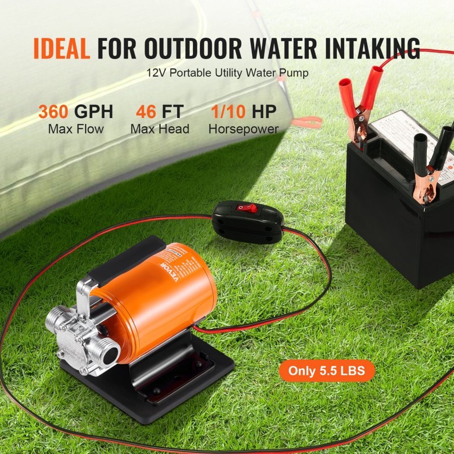 VEVOR Water Transfer Pump, 12V DC 23 L/min(360 GPH) 75W(1/10HP), Portable Electric Utility Pump with 183cm / 6 ft Suction Hose Kit, Impeller, Suction Strainer, for Garden, Rain Barrel, Pool, Pond, Hot Tub, Aquarium Draining