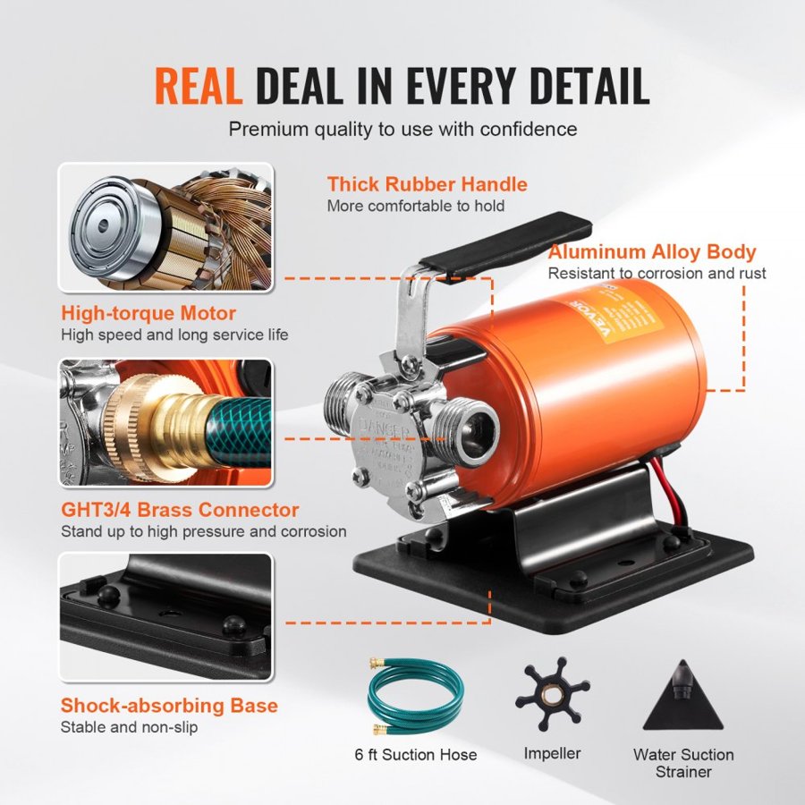 VEVOR Water Transfer Pump, 12V DC 23 L/min(360 GPH) 75W(1/10HP), Portable Electric Utility Pump with 183cm / 6 ft Suction Hose Kit, Impeller, Suction Strainer, for Garden, Rain Barrel, Pool, Pond, Hot Tub, Aquarium Draining
