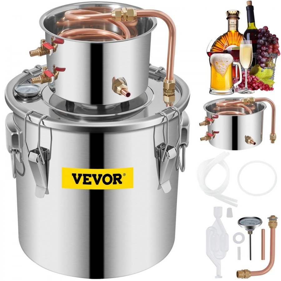 VEVOR Still Distiller 3Gal Water Distiller 12L Stainless Steel Water Distiller Copper Tube Home Brewing Kit Build-in Thermometer for DIY Whisky Wine Brandy Sliver