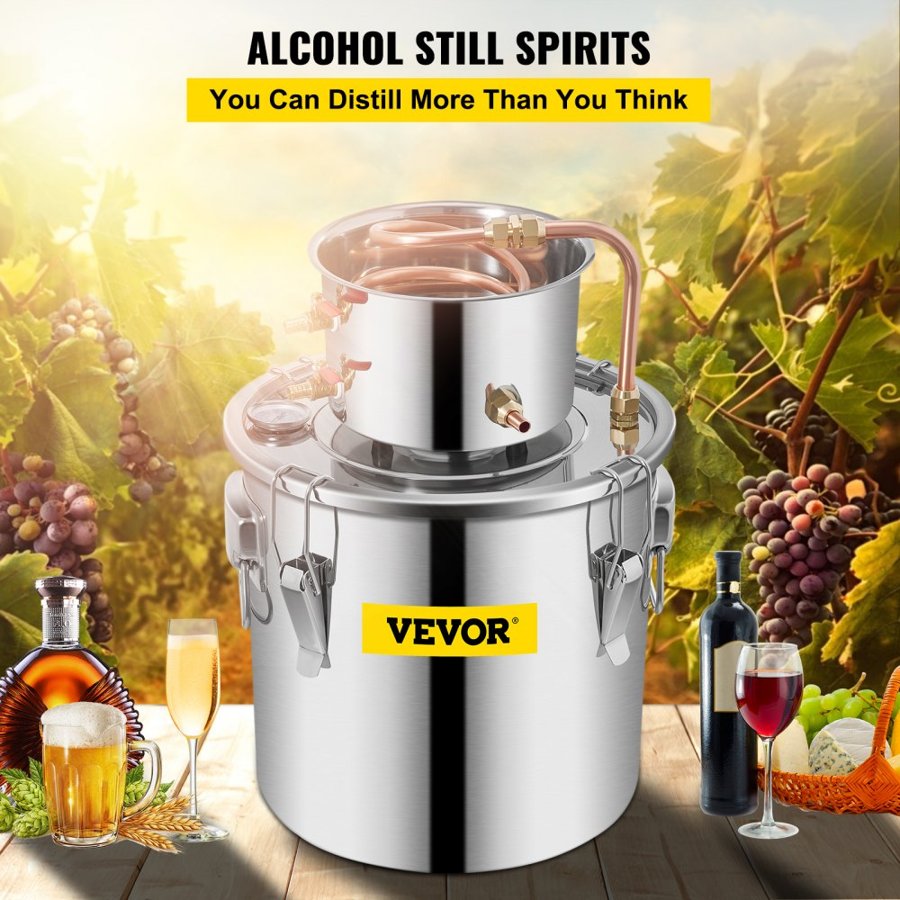 VEVOR Still Distiller 3Gal Water Distiller 12L Stainless Steel Water Distiller Copper Tube Home Brewing Kit Build-in Thermometer for DIY Whisky Wine Brandy Sliver