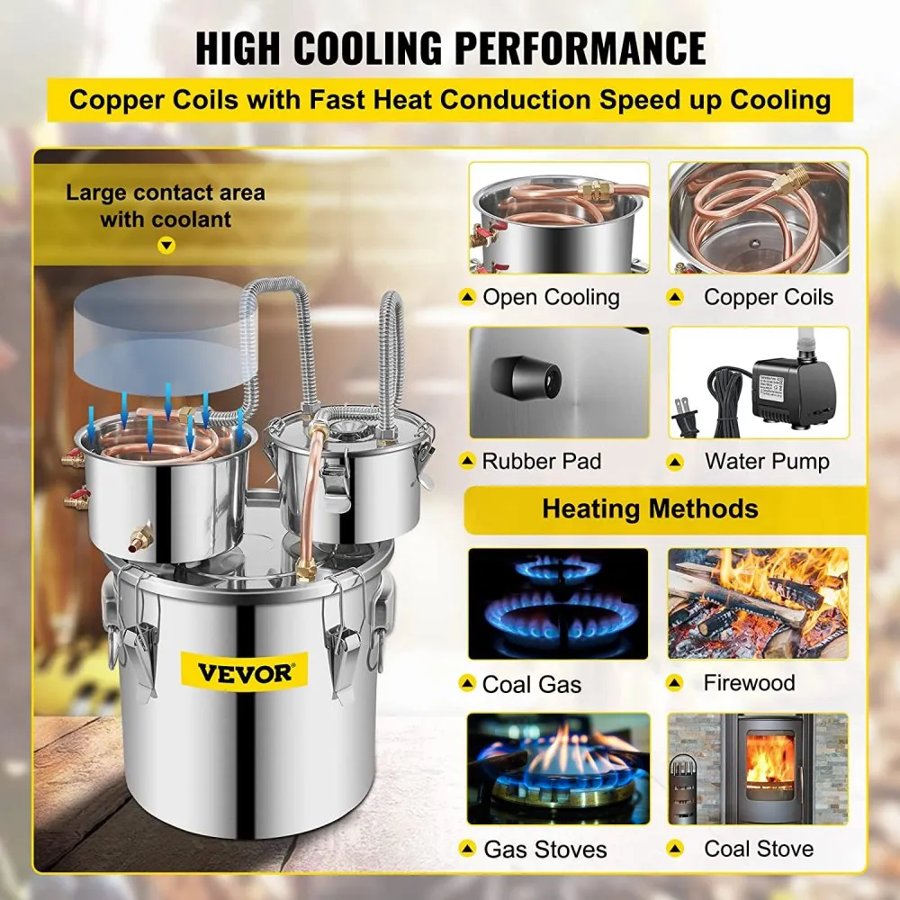 VEVOR 32.2 L Home Use Moonshine Still Brewing Stainless Steel Water Essential Oil Double Keg