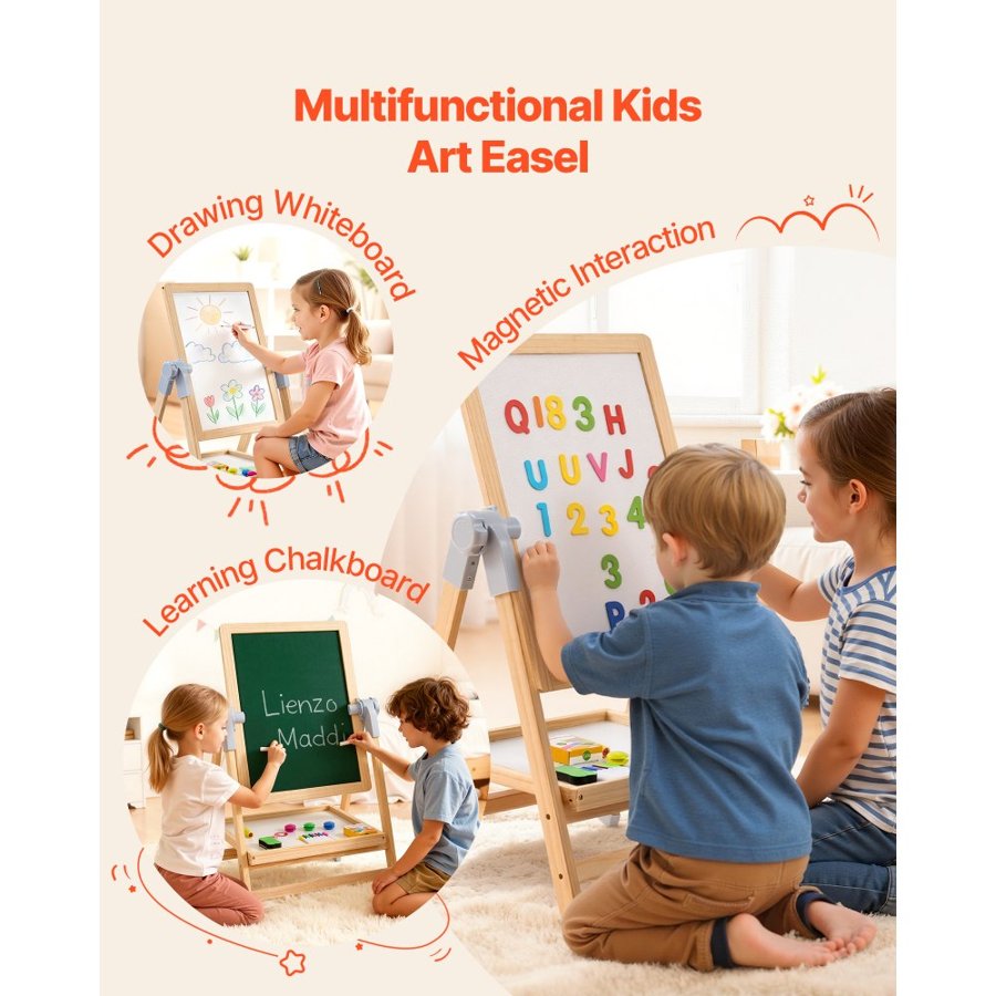 VEVOR Art Easel for Kids, 2-in-1 Wooden Double-Sided Kid's Art Easel with Magnetic Whiteboard & Chalkboard, Adjustable Standing Rotatable Foldable Drawing Board with Painting Accessories for Boy Girl