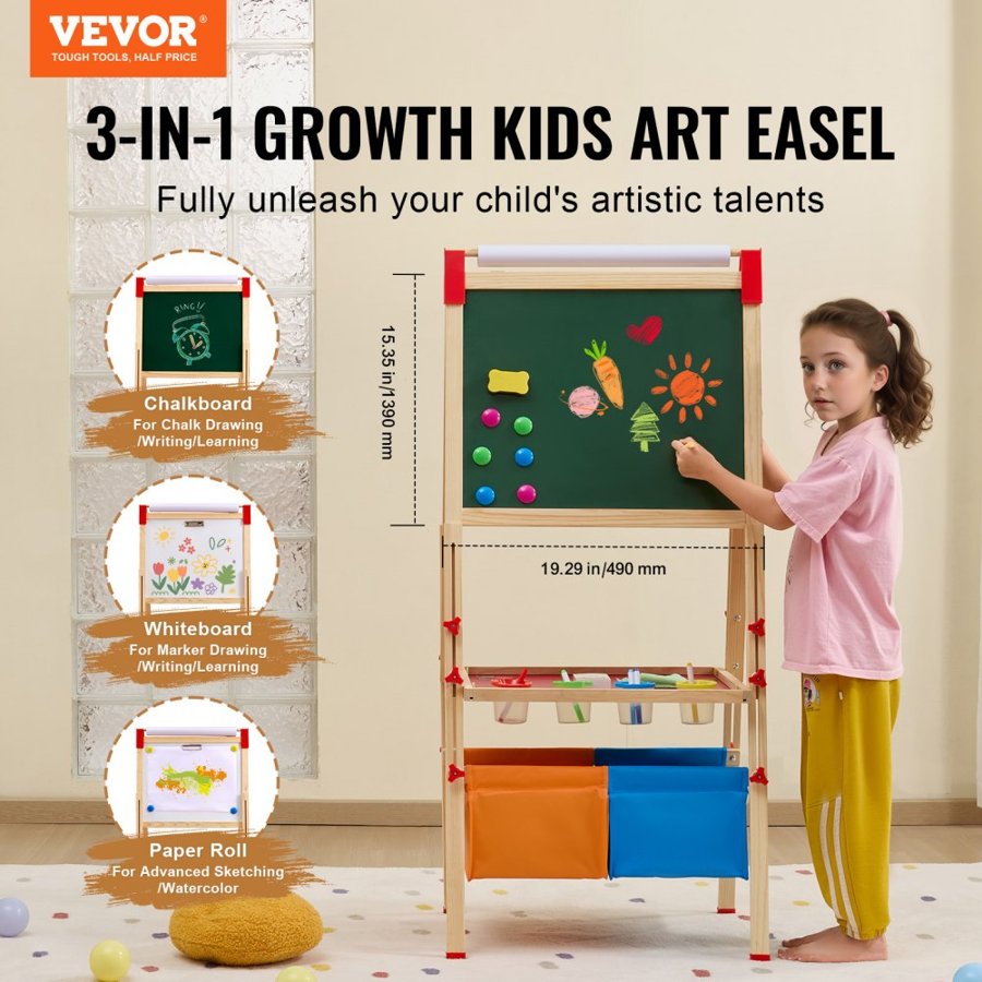 VEVOR Childrens Easel Board - 3-In-1, Art Stand, 44"-54"
