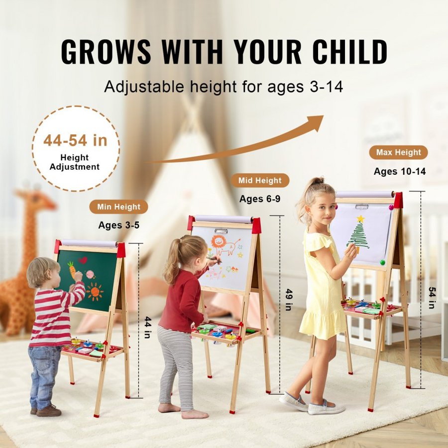 VEVOR Art Easel for Kids, 3-in-1 Wooden Double-Sided Kid's Art Easel with Magnetic Whiteboard, Chalkboard & Paper Roll, Adjustable Standing Drawing Board with Painting Accessories for Boys and Girls