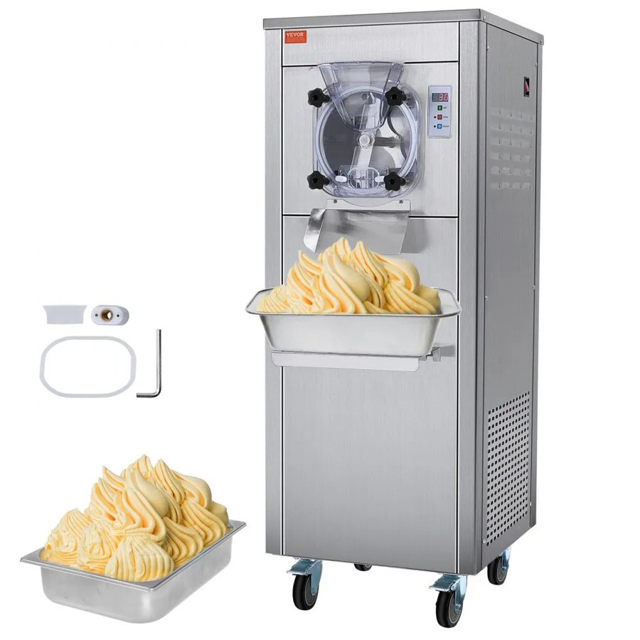VEVOR Commercial Ice Cream Machine, 18 L/H Yield, 1600W Single Flavor Hard Serve Ice Cream Maker with Wheels, 6L Stainless Steel Cylinder, LED Panel Auto Clean Pre-cooling, for Restaurant Snack Bars