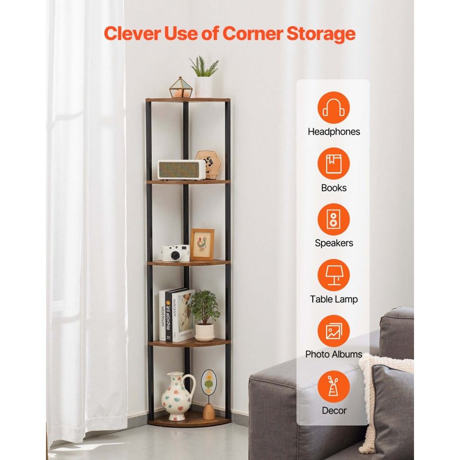 VEVOR 5 Tier Corner Shelf, Tall Corner Stand with LED Light, Wall Shelves Tower Storage Organizer with Metal Frame & Wooden Shelves, Narrow Display Book Shelf Rack for Bedroom, Living Room, Office